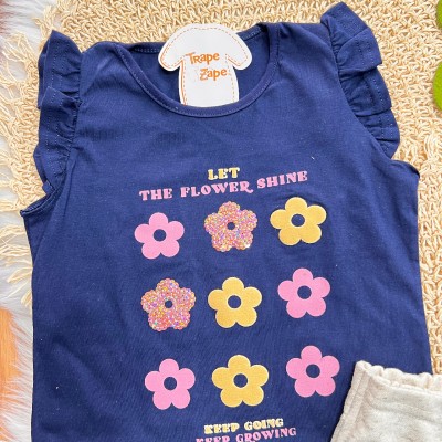 Conj. Blusa Let The Flower Shine e Short em Linho - Marinho e Areia